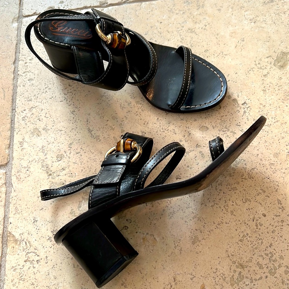 Gucci Black Sandals with Gold Accents